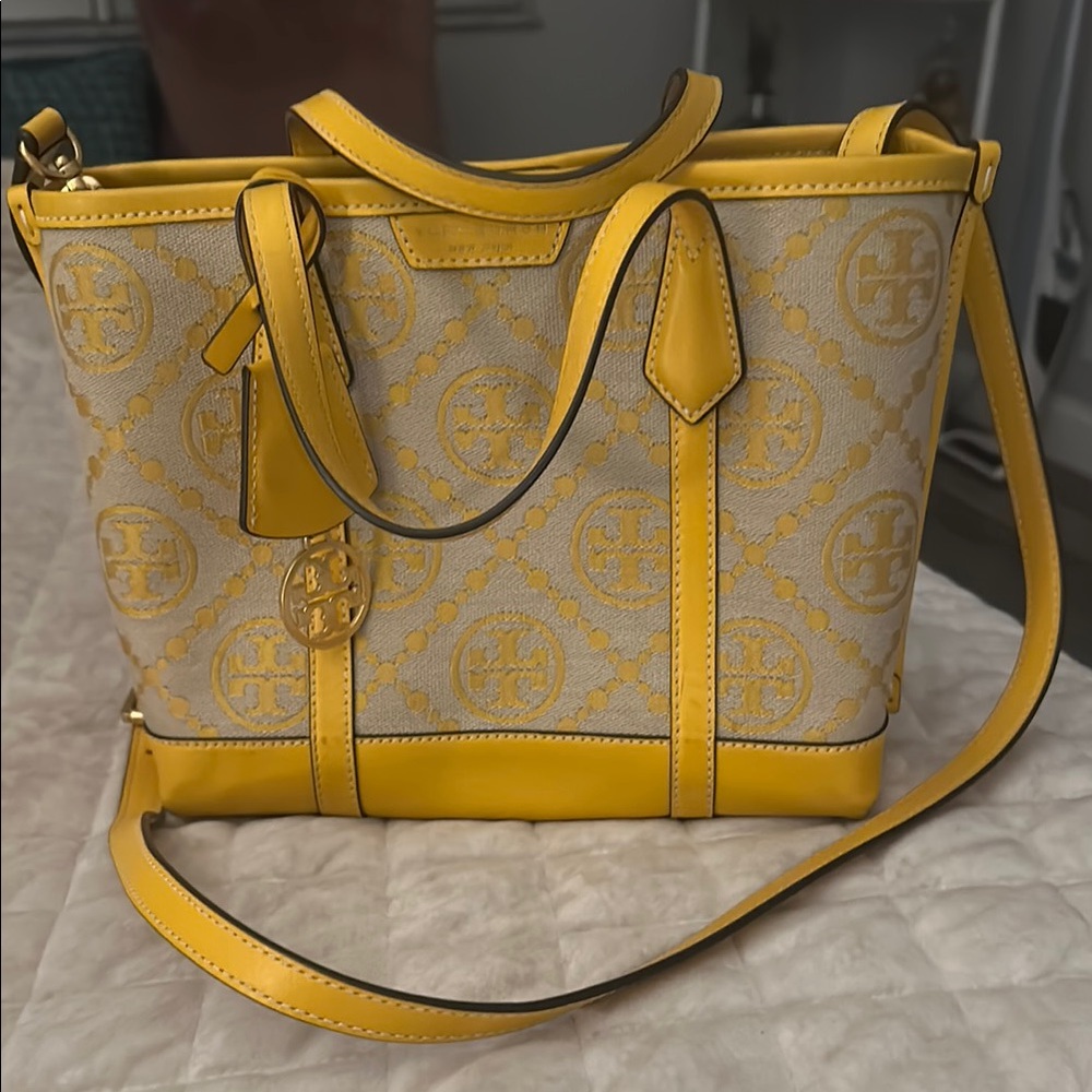 Tory Burch Yellow and Cream Logo Tote